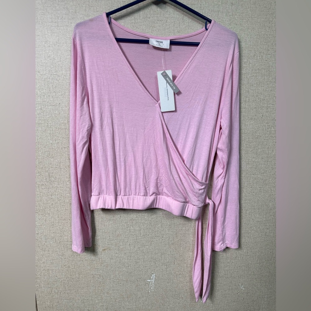 Ivoire Light Pink Wrap-Front Long Sleeve Crop Top